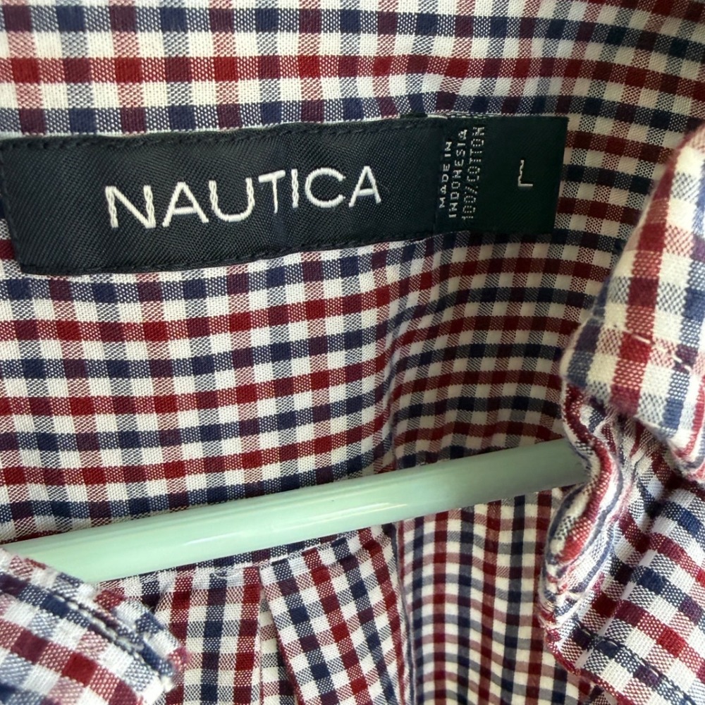 Nautica Mens Large Red Blue Gingham Plaid Long Sleeve Button Down Shirt 0453 - Picture 3 of 8
